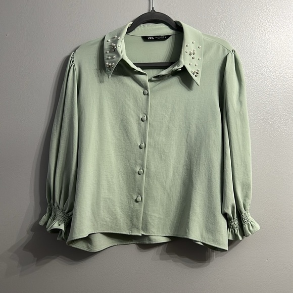 ZARA Beaded Jeweled Collar Button Front Blouse Size L - Picture 4 of 11